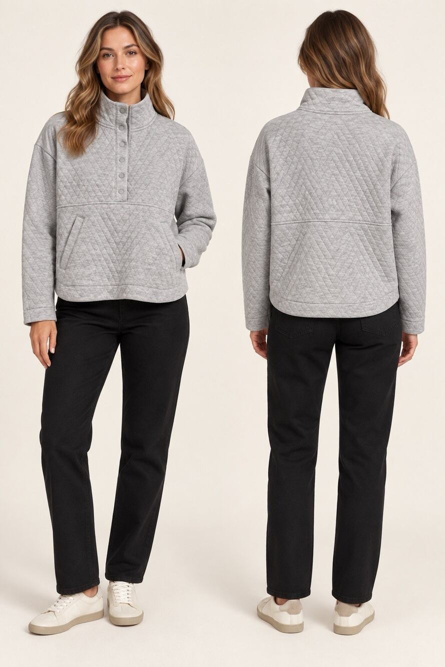 Marine Layer Corbet Funnel Neck Pullover Women's XS Gray Quilted Snap Sweatshirt